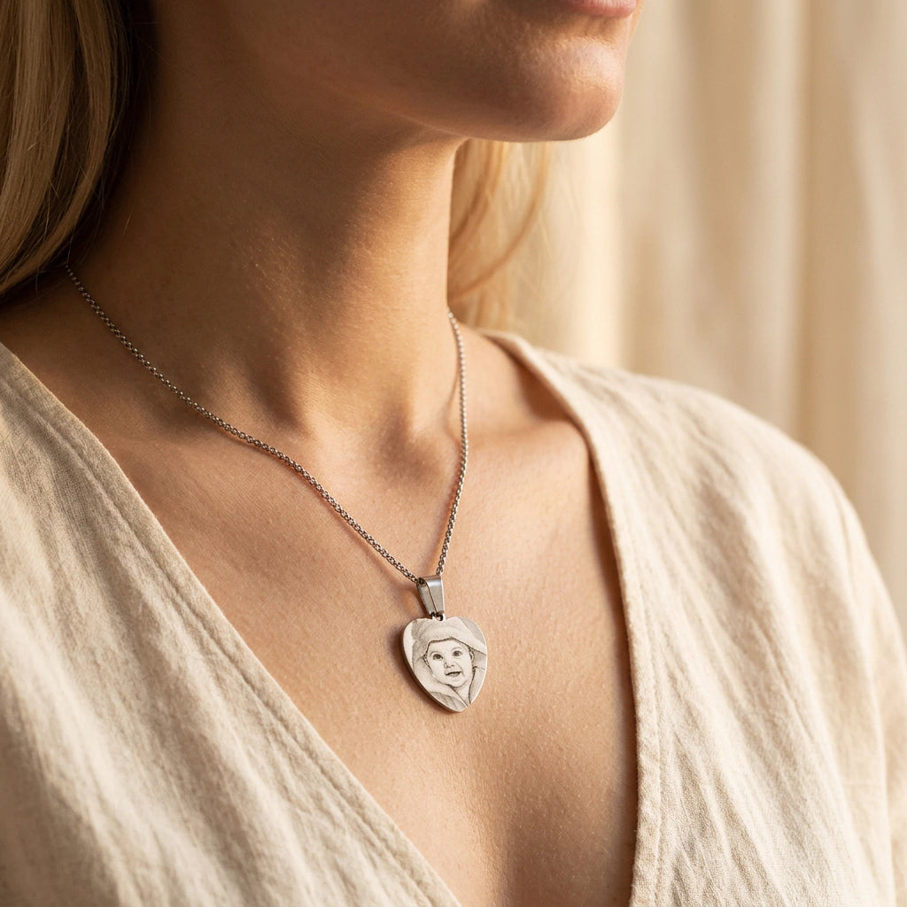 Lifestyle photo of engraved necklace